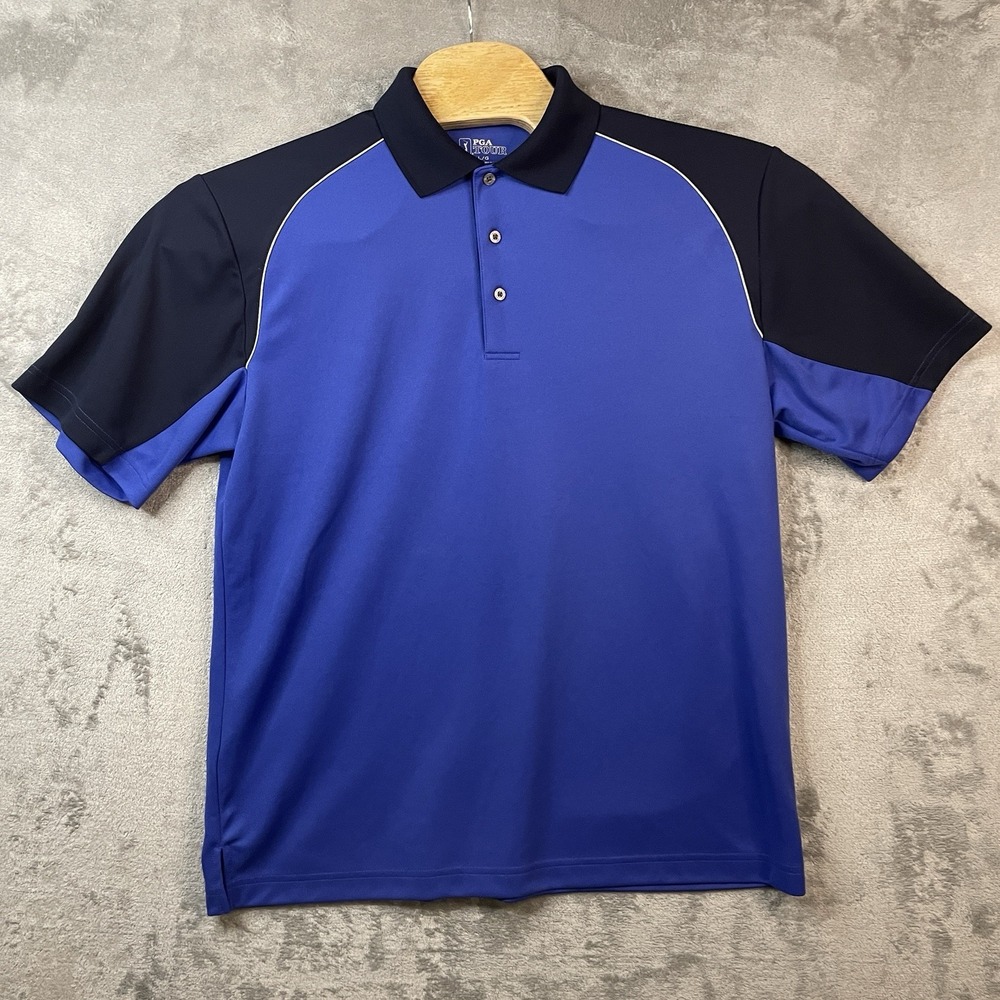 PGA Tour Men's L Polo Golf Shirt Short Sleeve Blue Black Shoulders